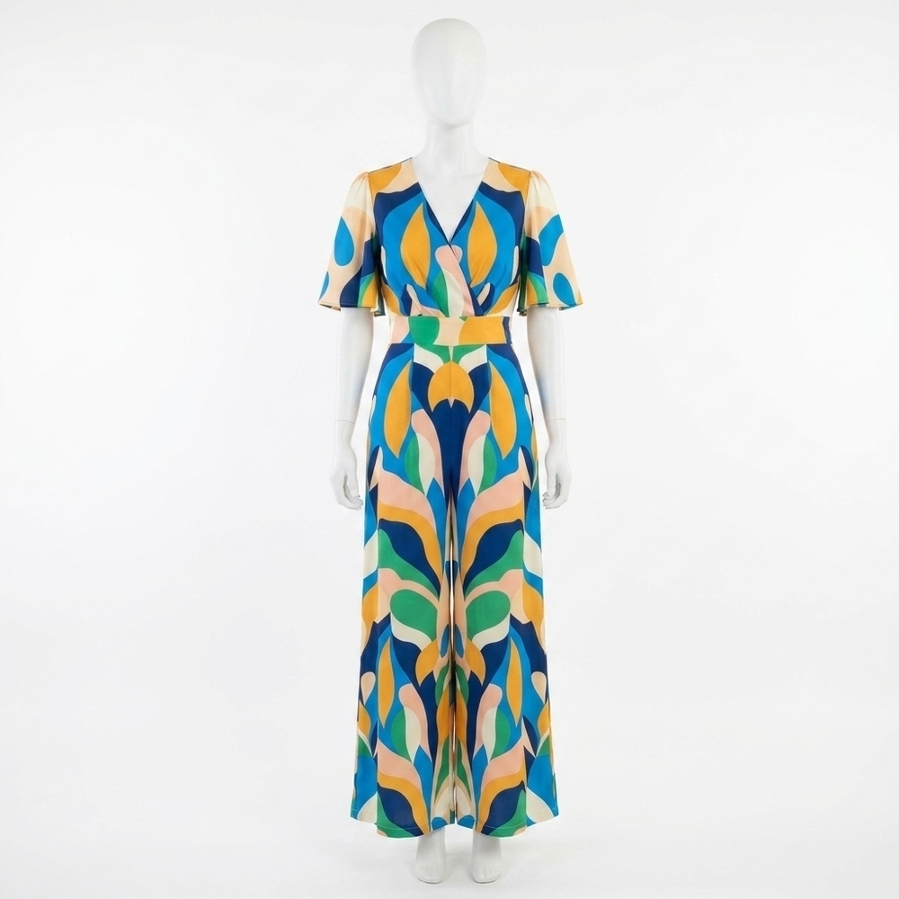 NEW FLYING TOMATO geometric print wide leg jumpsuit in blue